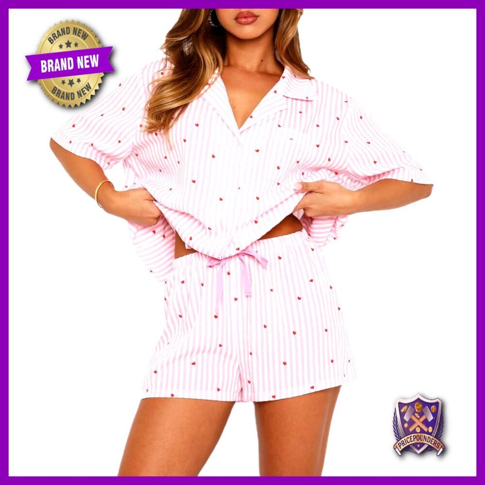 Valentine's Heart Print Pajama Set, Short Sleeve Top & Shorts, Size XL